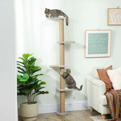 Wall Mounted Cat Climbing Shelves With Scratching Post and Toy Ball 180cm Tall For Indoor Catshi, Light Grey PawHut