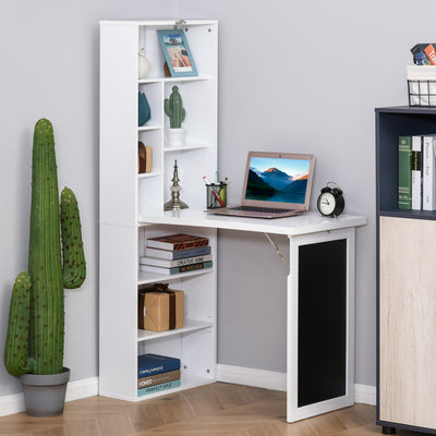 Wall Mounted Folding Computer Desk with Blackboard and Shelf for Home Office, White