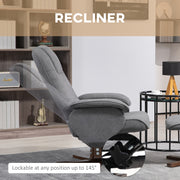 Linen Swivel Recliner Armchair With Footstool And Wooden Base For Living Room Grey