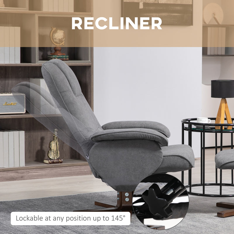 Linen Swivel Recliner Armchair With Footstool And Wooden Base For Living Room Grey