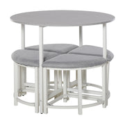 Grey Round Dining Table Set with 4 Upholstered Stools for Modern Kitchen or Dining Room