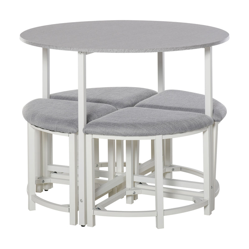 Grey Round Dining Table Set with 4 Upholstered Stools for Modern Kitchen or Dining Room
