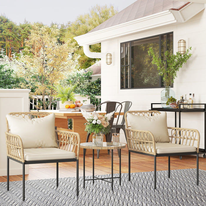 Beige 3 Piece Rattan Bistro Set with Cushions and Glass Top Table for Garden or Balcony by Outsunny