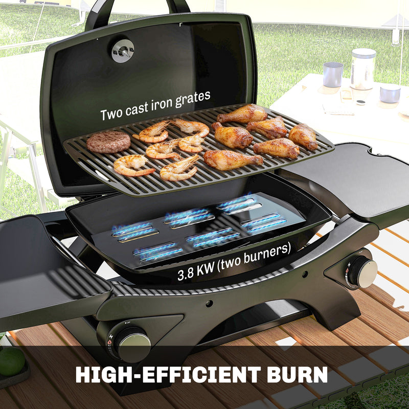 Portable 2 Burner Gas BBQ with Side Tables for Small Gardens and Camping Black Outsunny