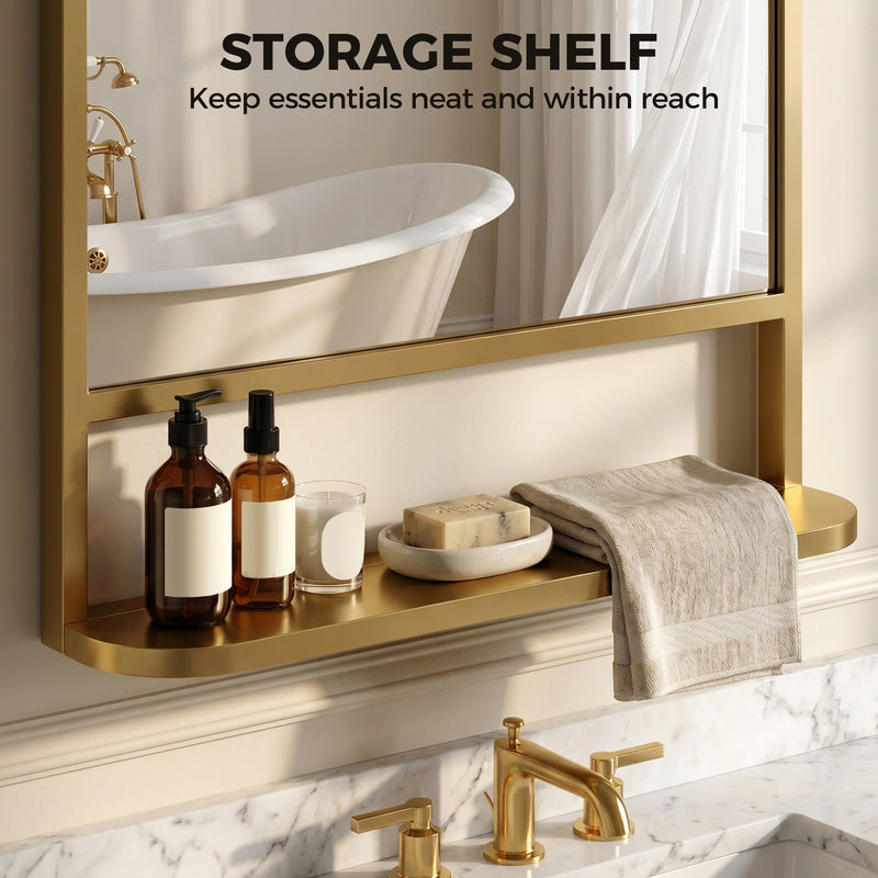 Hallway Wall Mirror with Shelf for Keys and Essentials Medium Size Gold