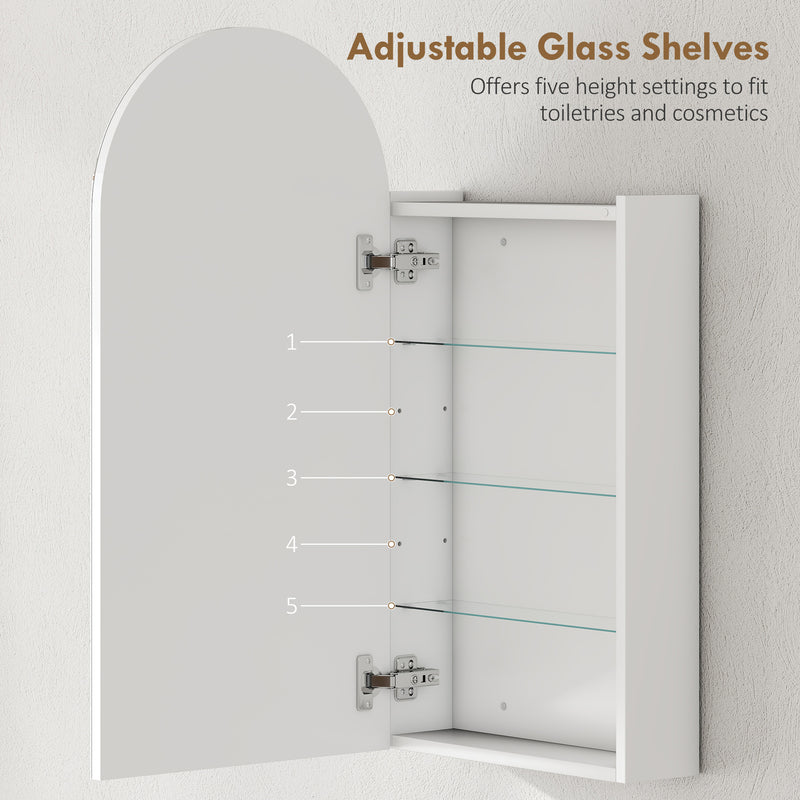 Arched Bathroom Mirror Cabinet with Adjustable Glass Shelves for Storage, White
