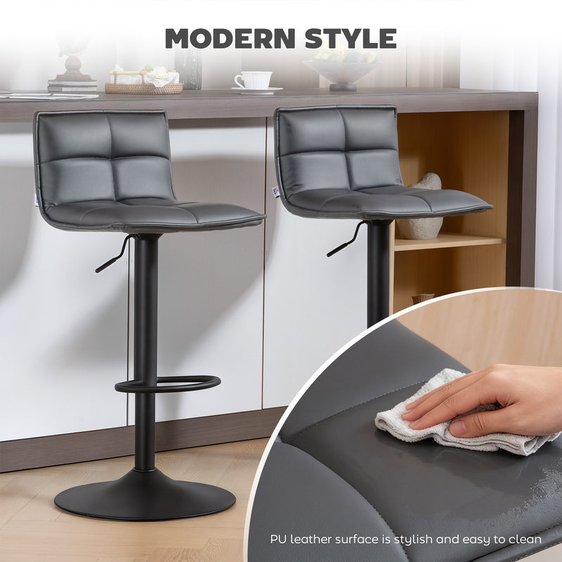 Set of Two Adjustable Faux Leather Bar Stools With Footrest For Kitchen Island Dark Grey