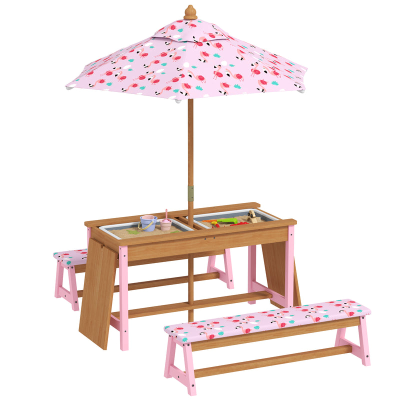 Kids Picnic Table Set with Foldable Umbrella Cushions Storage Boxes Flamingo Design Pink by AIYAPLAY