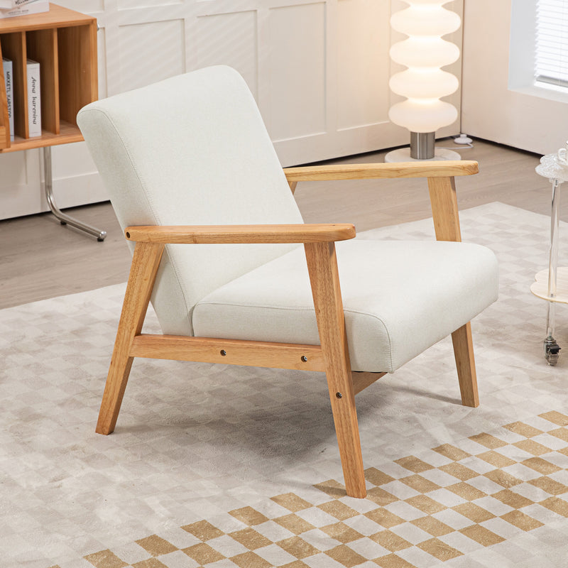 Fabric Armchair with Padded Cushion and Wooden Frame for Living Room Comfort Cream White