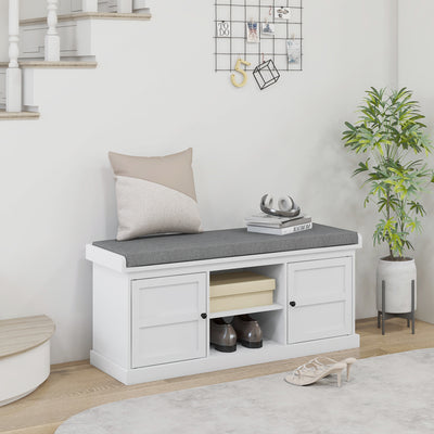 Shoe Storage Bench with Cushioned Seat and Multiple Compartments for Hallway, White Grey