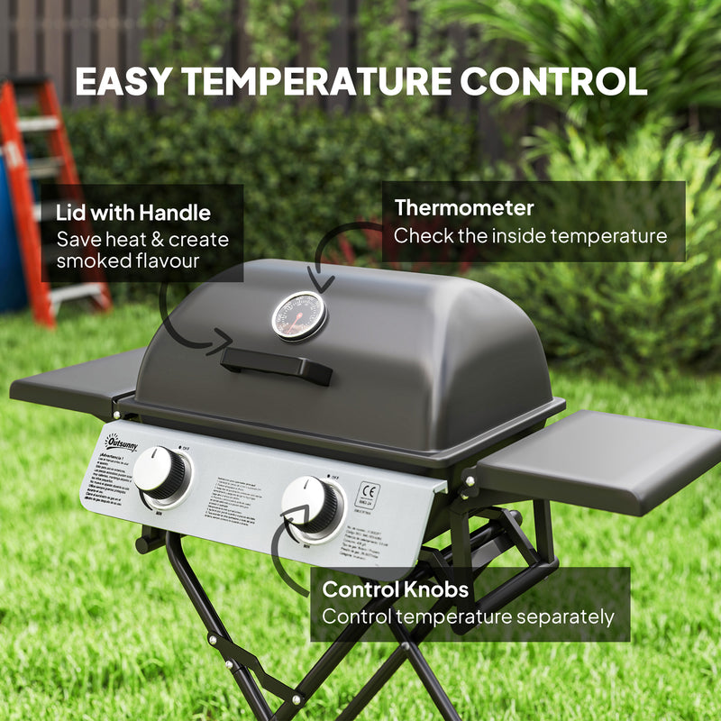 Foldable 2 Burner Gas BBQ Grill with Wheels and Thermometer Lid for Outdoor Cooking by Outsunny