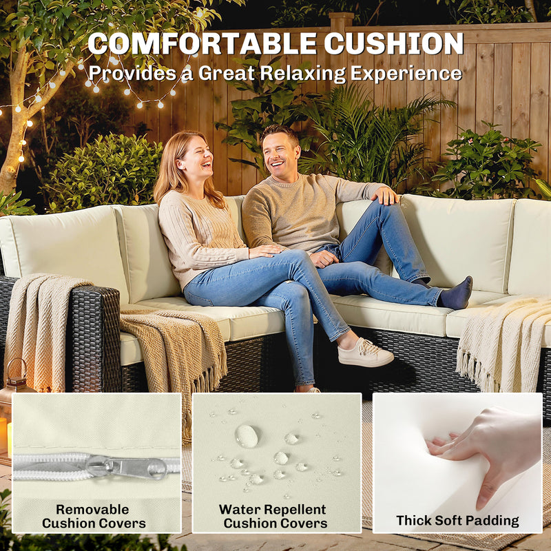 Rattan Garden Furniture Set with Gas Fire Pit Table for Warm Outdoor Dining and Relaxing Cream White