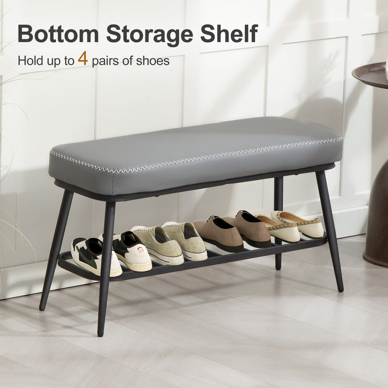 PU Leather Shoe Storage Bench With Padded Seat and Hidden Compartment, Grey