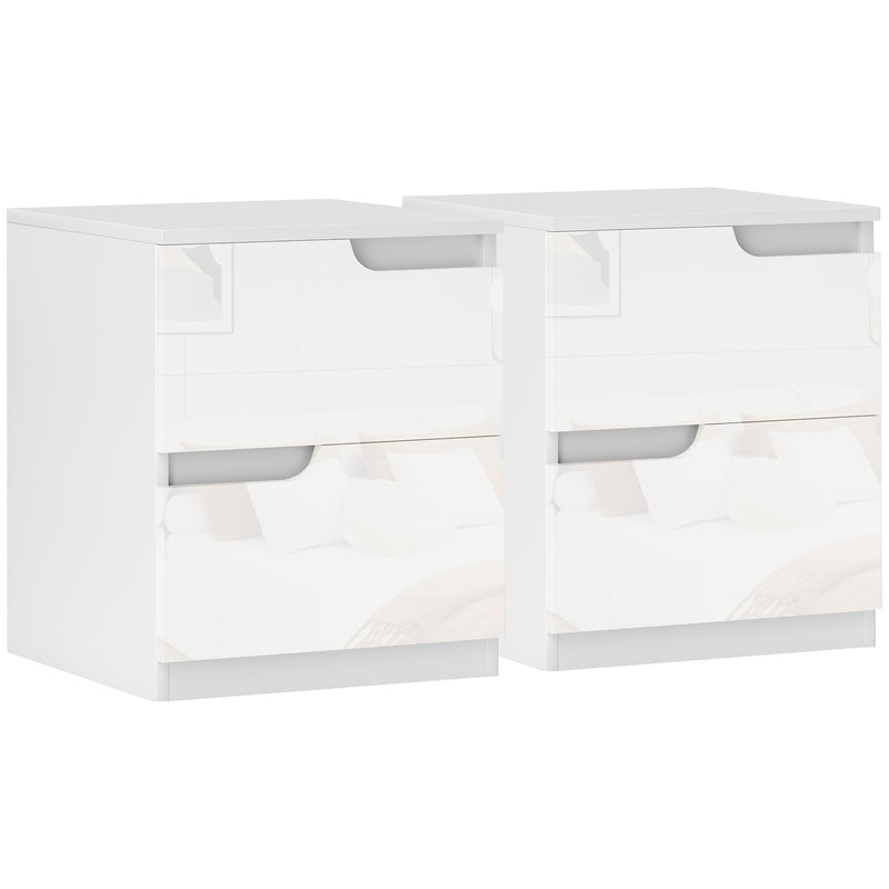 Set of 2 High Gloss Bedside Tables with Storage Shelves for Bedroom Organisation White