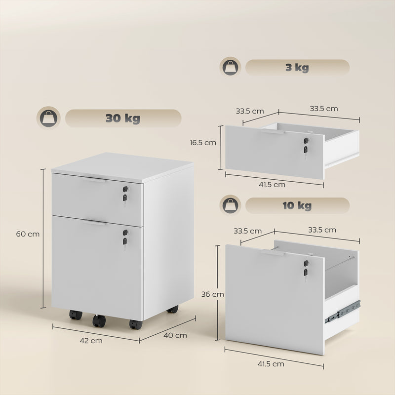 Lockable 2 Drawer Office Filing Cabinet with Wheels For Home or Office, 42W x 40D x 60H cm Homcom