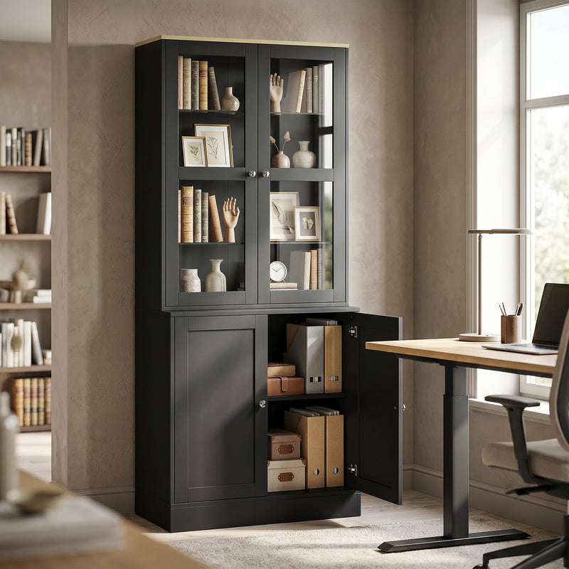 Tall Display Cabinet with Glass Doors and Hidden Storage for Organised Living or Dining Room Black