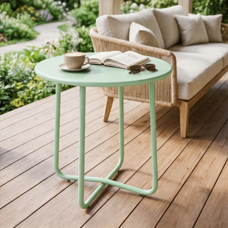 Small Round Garden Side Table with Sturdy Metal Frame and Adjustable Feet for Stable Outdoor Use Green Outsunny