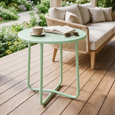 Small Round Garden Side Table with Sturdy Metal Frame and Adjustable Feet for Stable Outdoor Use Green Outsunny