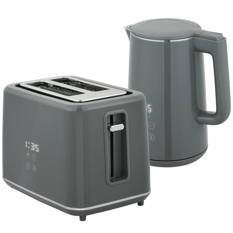 Grey Digital Kettle and 2 Slice Toaster Set with Fast Boil and LED Touch Controls