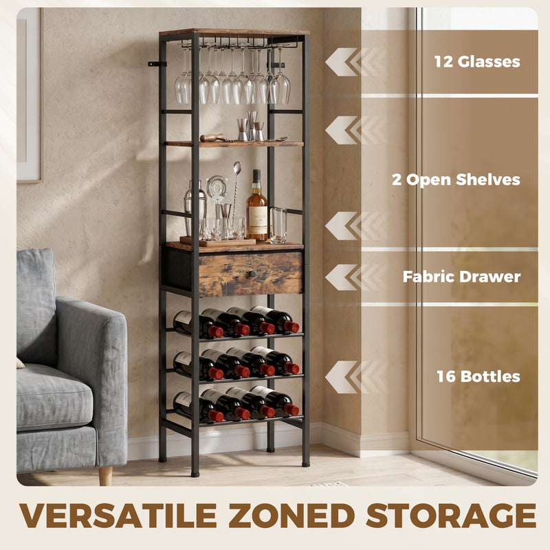 Slim Wine Rack for Small Spaces with Bottle and Glass Storage Rustic Brown Black Homcom