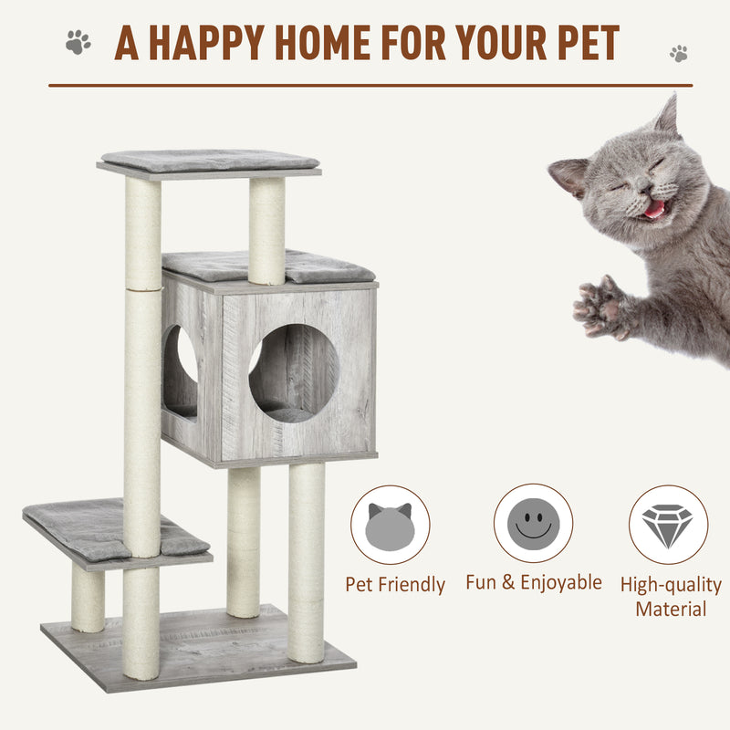 Cat Tree Tower With Jute Scratching Posts And Activity Centre For Large Cats 113cm Grey AOSOM