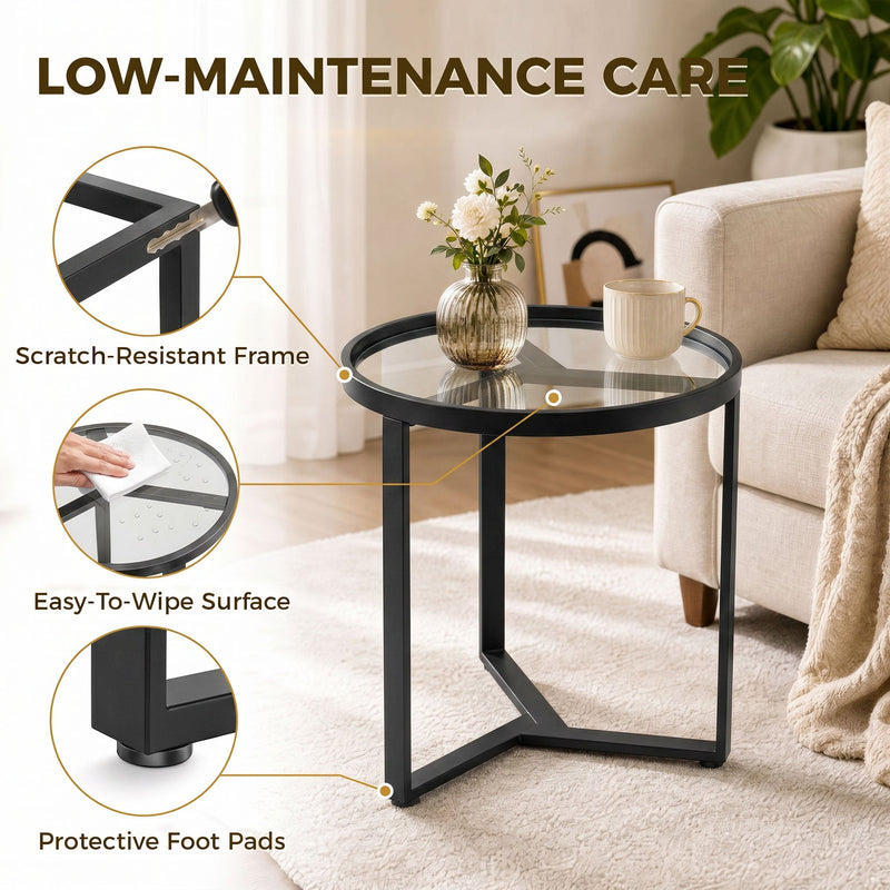Side Table for Small Spaces with Easy Clean Glass Top