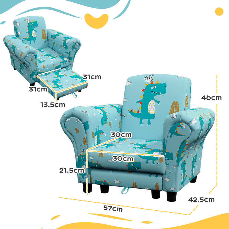 2 Piece Kids Sofa Chair Set with Dinosaur Design and Wooden Frame for Toddlers, Blue