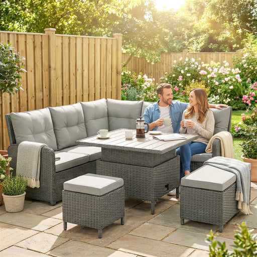 6-Piece Rattan Garden Furniture Set with Height-Adjustable Coffee Table, Dark Grey & Cream Outsunny