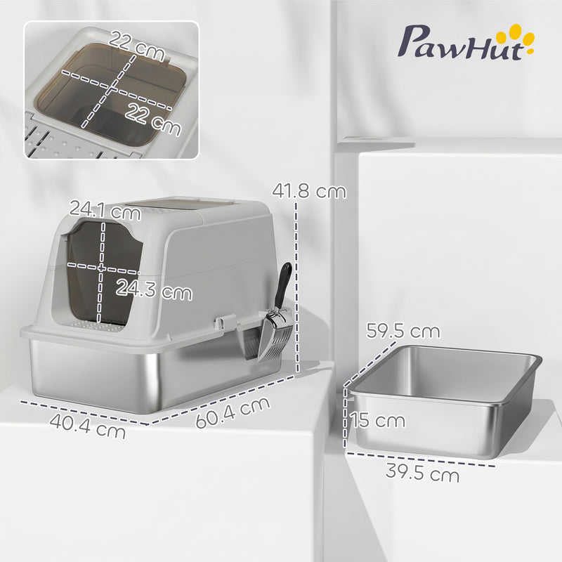 Enclosed Stainless Steel Litter Tray For Cleaner Floors, Scoop, 2 Doors, Light Grey