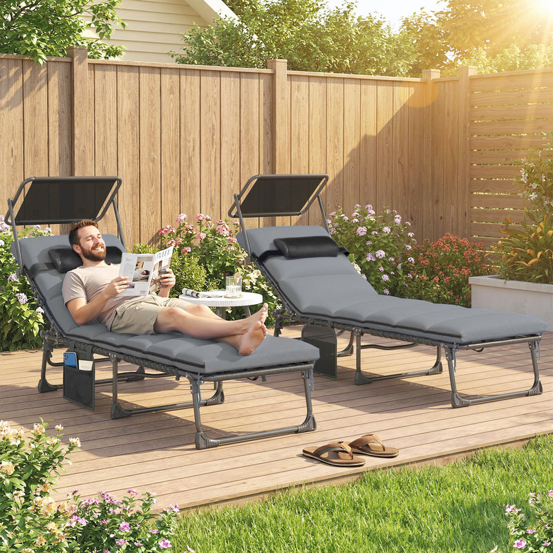 Folding Sun Loungers Set of 2 for Garden Relaxation with Adjustable Shade and Cushions