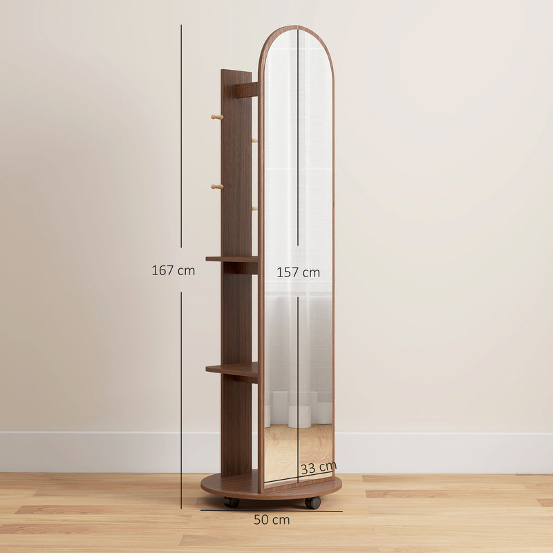 Full Length Mirror with Shelves and Hooks for Bedroom Storage on Wheels Brown Wood Effect Homcom