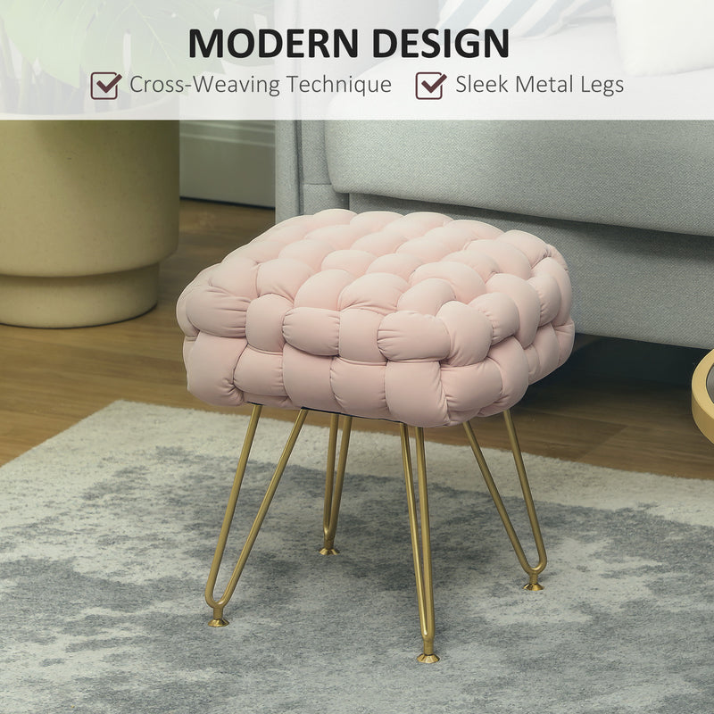 Pink Velvet Feel Woven Square Footstool with Gold Legs Bold Design by HOMCOM