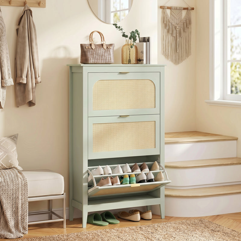 Slim Shoe Cabinet for Hallway Storage with 3 Flip Drawers and Adjustable Shelves Light Green