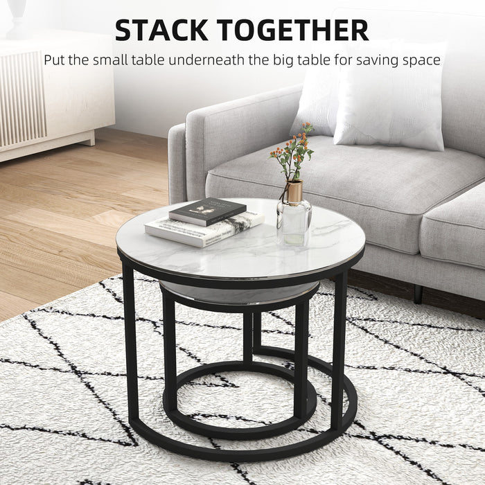 Set of 2 Round Nesting Coffee Tables with Marble Effect Glass and Steel Frame White by HOMCOM