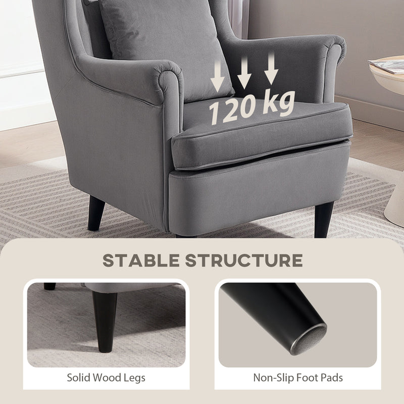 Dark Grey Velvet Accent Chair with High Back and Cushion for Living Room or Bedroom