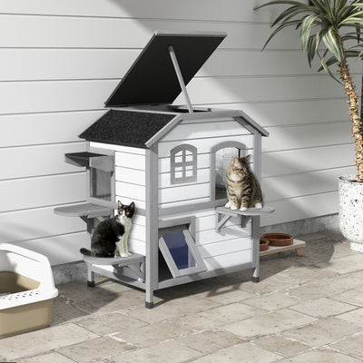 2 Storey Wooden Cat House With Escape Door Ideal For Indoor Or Outdoor Use, White