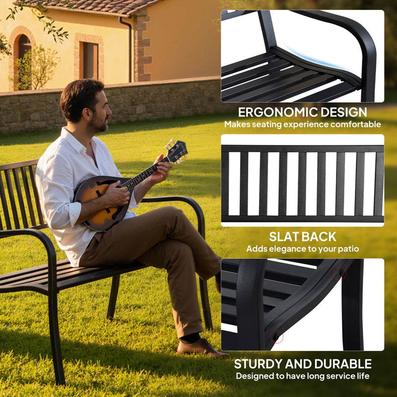 2 Seater Metal Garden Bench With Slatted Seat For Outdoor Relaxing, Black AOSOM