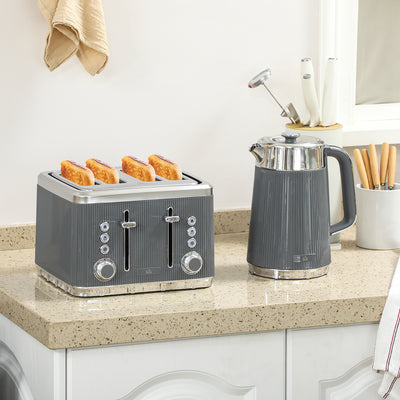 4 Slice Toaster and Fast Boil 1.7L Electric Kettle Set with Limescale Filter, Grey