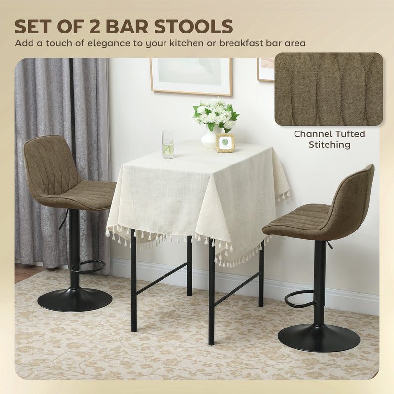 Set of Two Linen Look Bar Stools with Cushioned Seats for Kitchen or Home Bar, Brown