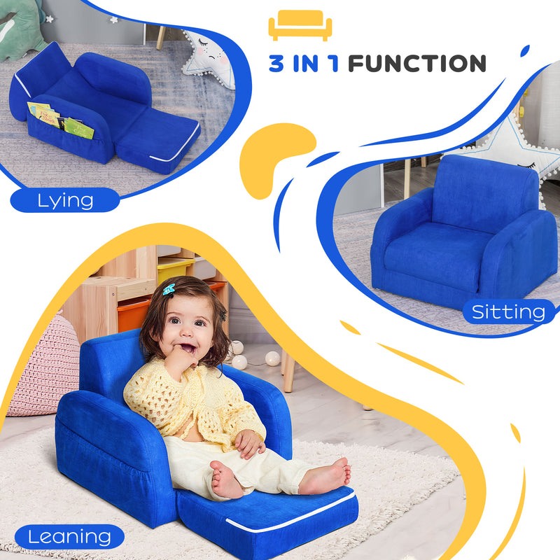 2 in 1 Kids Armchair and Fold Out Sofa Bed with Wooden Frame for Bedroom Use, Blue