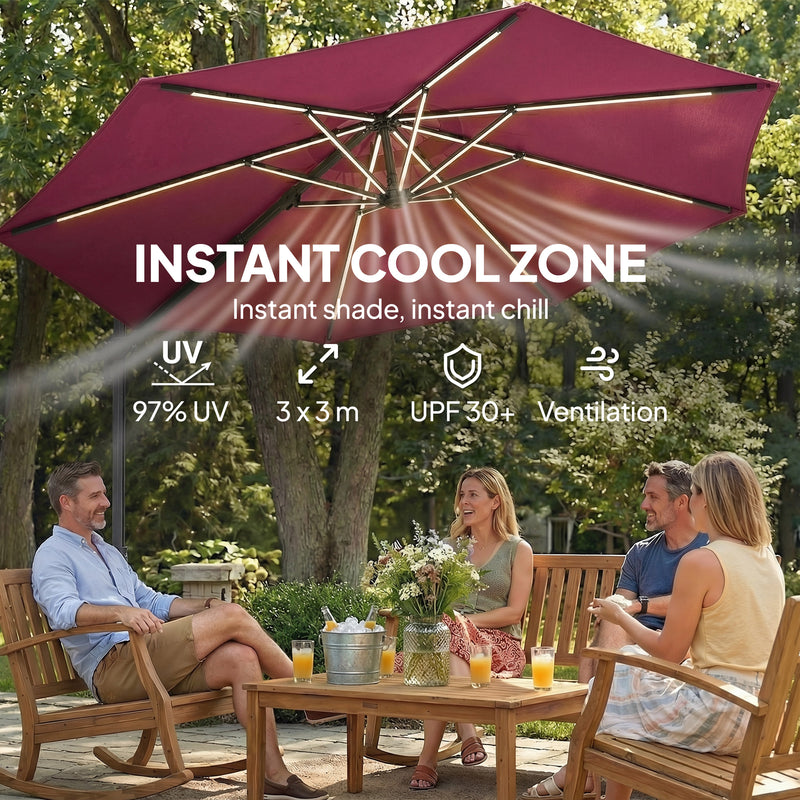 Cantilever Parasol with Lights and Adjustable Shade for Patios, Free Rain Cover, Wine Red