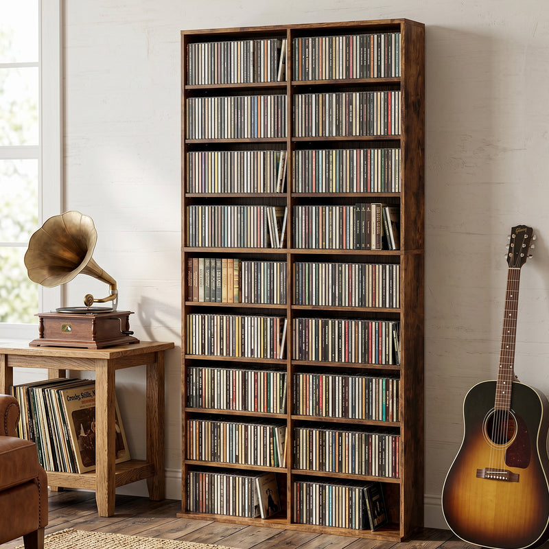 Tall Media Storage Unit with Adjustable Shelves for CDs and DVDs Slim Design