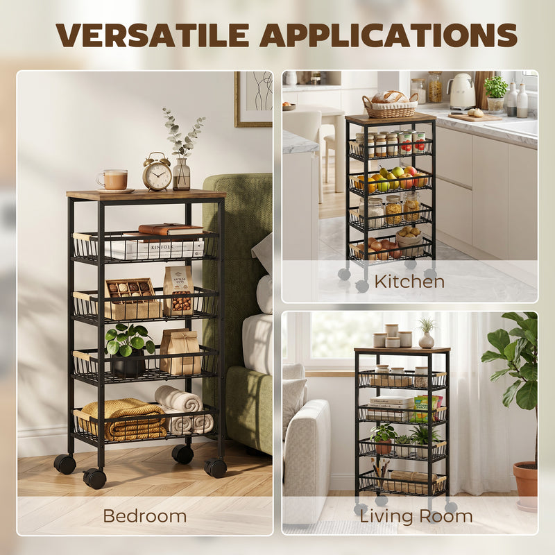 Slim Storage Trolley for Organising Snacks and Spices in Small Spaces Rustic Brown