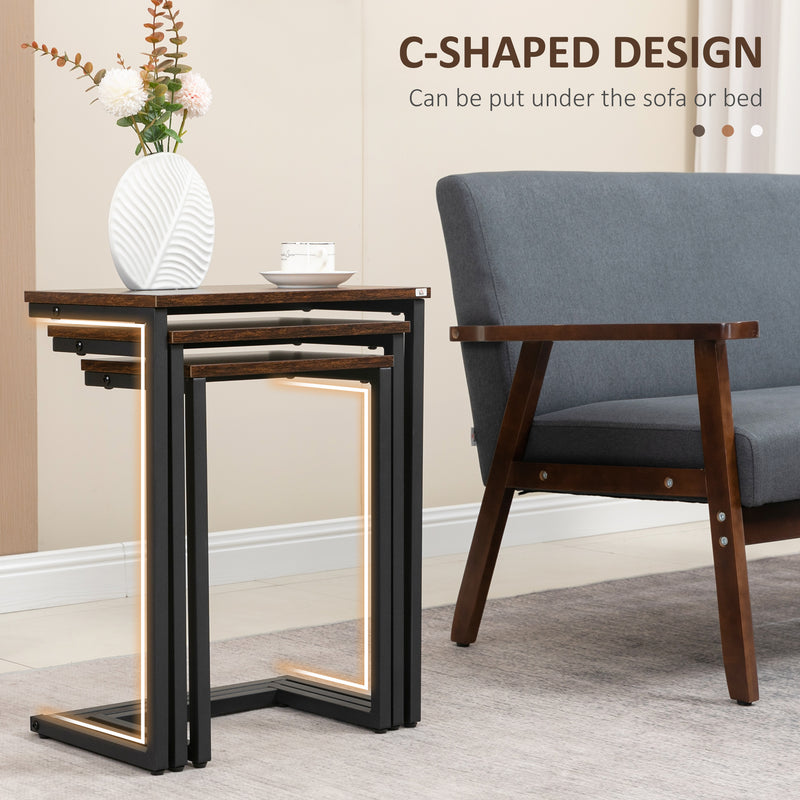 Set of 3 Industrial Nesting C Shaped Side Tables with Steel Frame by HOMCOM