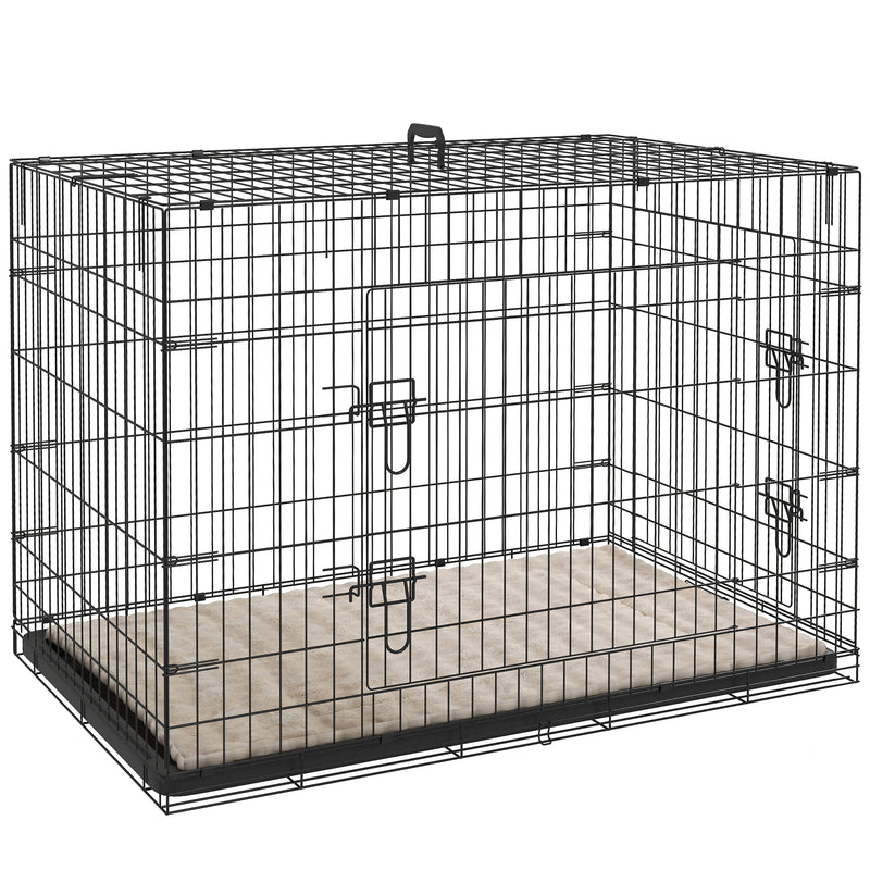 Foldable Dog Crate with 2 Doors Tray and Soft Cushion for Large Dogs 105cm Black by PawHut