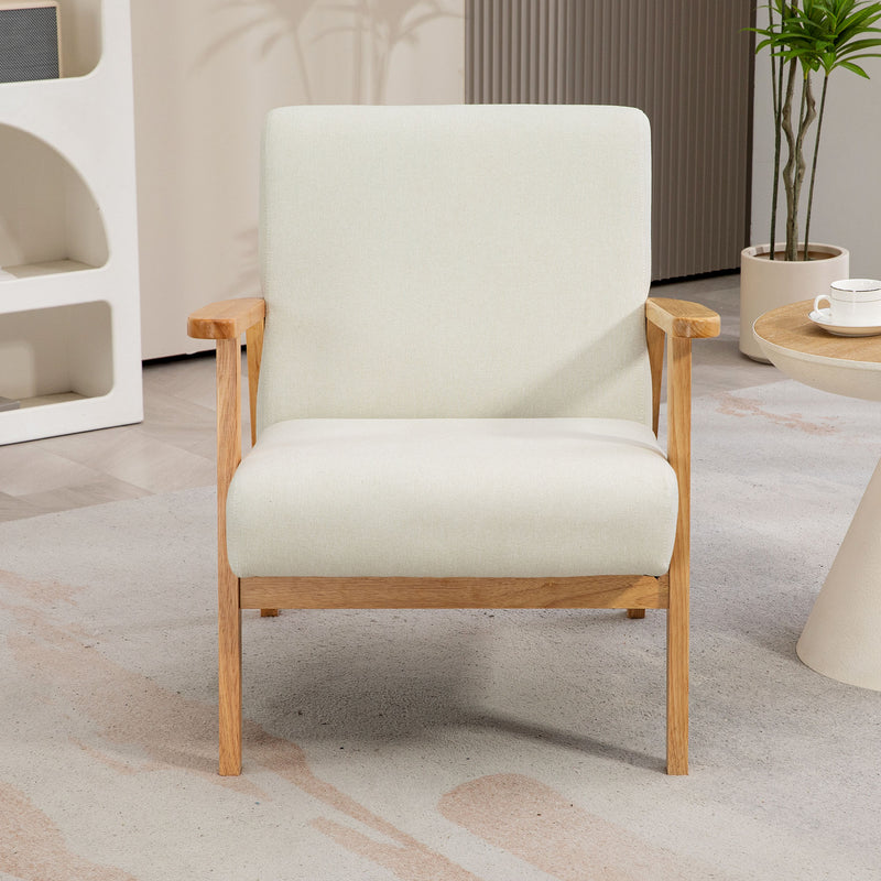 Fabric Armchair with Padded Cushion and Wooden Frame for Living Room Comfort Cream White