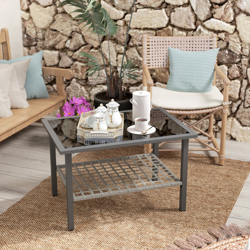 Outdoor Rattan Coffee Table with Tempered Glass Top and Storage Shelf for Patio Balcony Mixed Grey by Outsunny