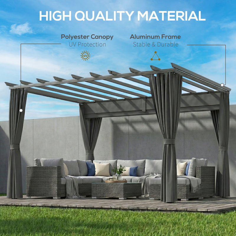 3.6 x 3m Metal Garden Pergola with Retractable Canopy and Curtains for Shaded Outdoor Dining, Dark Grey