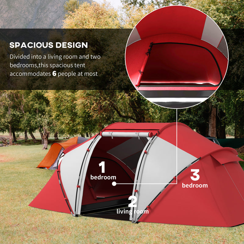 Large Family Tunnel Tent with Two Bedrooms and Living Area for Group Camping Grey and Red
