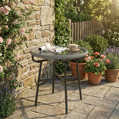 Outdoor Rattan Side Table with Glass Top for Drinks and Snacks Black Outsunny
